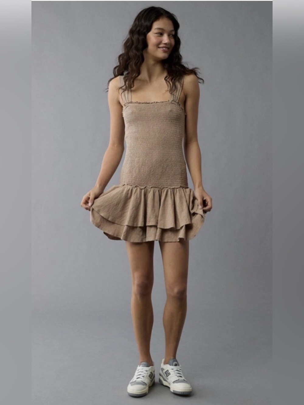 NWT American Eagle ($59.95) Brown Sunchaser Knit Smocked Drop Waist Mini Dress M